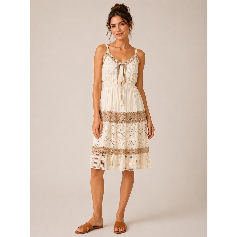 Me 2 Magic Eyelet Crochet Midi Dress Women XL Cream Boho Coastal Cottagecore